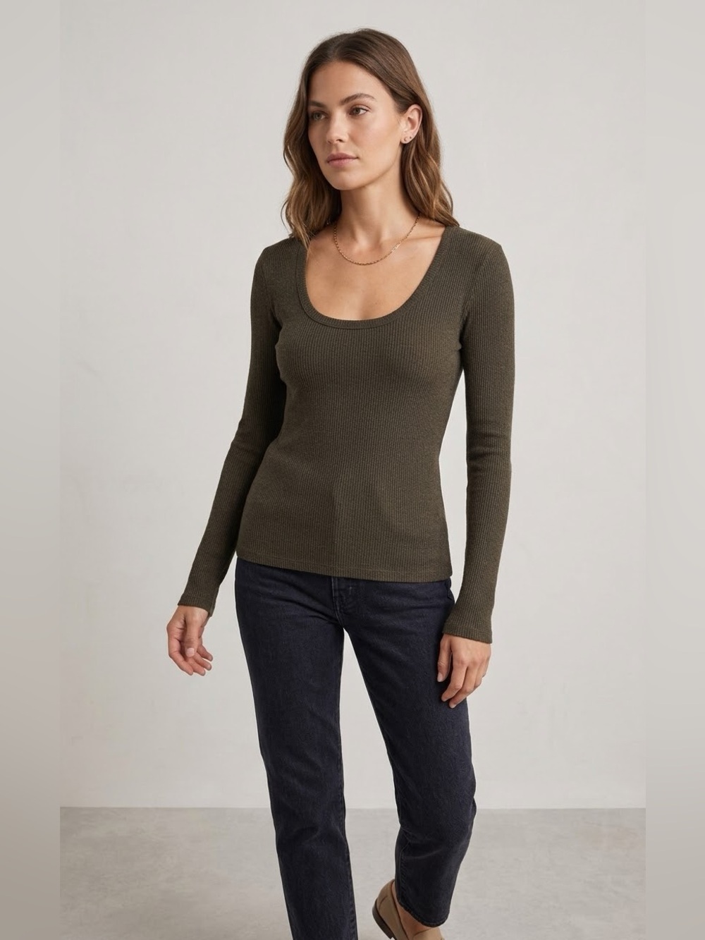 AGOLDE Olive Brown Ribbed Scoop Neck Long Sleeve Top Size L